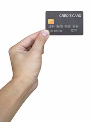 Hand holding credit card isolated on white background.