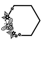 Monogram frame hexagon, honeycomb. Bee flowers clipart. 