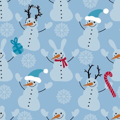 Winter ice snowman seamless Christmas pattern for Noel and wrapping paper and kids clothes print and snowflakes