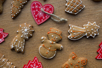 Set of different homemade Christmas cookies isolated on background, close up view with copy space for text. New year frame with tasty gingerbread cookies with spices. Winter holiday concept