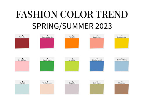 Fashion Color Trend Spring - Summer 2023. Trendy colors palette guide. Fabric swatches with color names. Easy to edit vector template for your creative designs