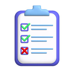 Document 3d icon. To-do list on clipboard with check and cross marks. 3d realistic design element.