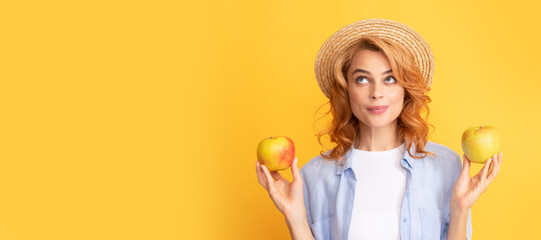 Summer apple. Woman isolated face portrait, banner with mock up copy space. woman in straw hat...