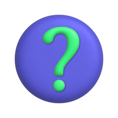 Infographics icon. Green question mark symbol on purple button. 3d realistic design element.