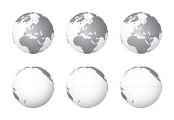 Set of Earth globes focusing on the Europe (top row) and the Pacific Ocean (bottom row). Carefully layered and grouped for easy editing. You can edit or remove separately the sphere, the lands, the bo
