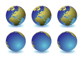 Set of Earth globes focusing on the Europe (top row) and the Pacific Ocean (bottom row). Carefully layered and grouped for easy editing. You can edit or remove separately the sphere, the lands, the bo