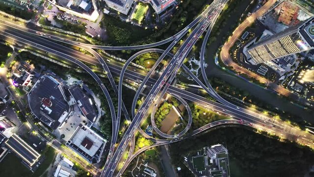 aerial view of road intersection in midtown of modern city