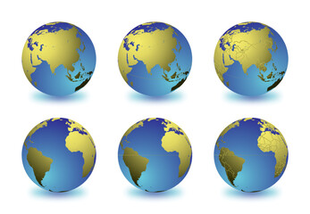 Set of Earth globes focusing on the Asia (top row) and the Atlantic Ocean (bottom row). Carefully layered and grouped for easy editing. You can edit or remove separately the sphere, the lands, the bor