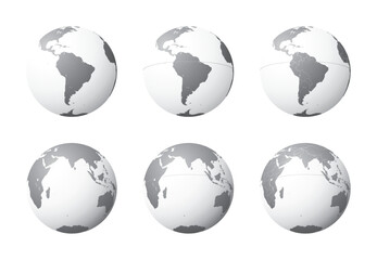 Set of Earth globes focusing on the South America (top row) and the Indian Ocean (bottom row). Carefully layered and grouped for easy editing. You can edit or remove separately the sphere, the lands, 