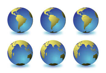 Set of Earth globes focusing on the South America (top row) and the Indian Ocean (bottom row). Carefully layered and grouped for easy editing. You can edit or remove separately the sphere, the lands,  - 536430742