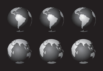 Set of Earth globes focusing on the South America (top row) and the Indian Ocean (bottom row). Carefully layered and grouped for easy editing. You can edit or remove separately the sphere, the lands,  - 536430747