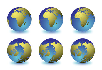 Set of Earth globes focusing on the Africa (top row) and the Arctic (bottom row). Carefully layered and grouped for easy editing. You can edit or remove separately the sphere, the lands, the borders o