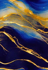 Obraz na płótnie Canvas Acrylic blue and golden background. Abstract painting for banner, website, texture. Oil, particles, ocean or sky. Paint splashes on canvas texture. Acrylic modern trendy painting. 3D illustration