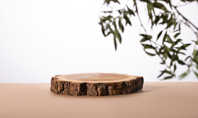 Modern product display on a neutral beige background with branches. Wooden round podium.