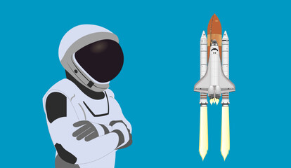 Space Astronaut in new space suit in a front of Space shuttle flight isolated on cyan blue background. Vector illustration. Elements of this vector illustration were furnished by NASA