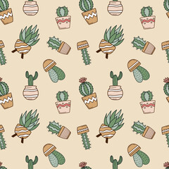 Seamless pattern with cute cacti in flower pots