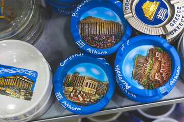 View of traditional tourist souvenirs and gifts from Athens, Attica, Greece with fridge magnets...