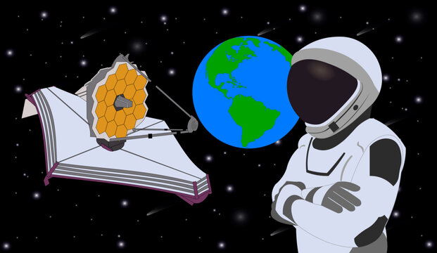 Space Astronaut in new space suit in a front of with James Webb space telescope. Elements of this vector illustration were furnished by NASA