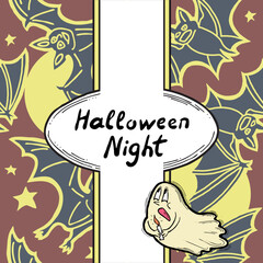 Halloween vector frame. Hand drawn cartoon characters plus pattern. Design for party invitation, store sale, seasonal discount banner, greeting card, background, poster print, decorative elements.