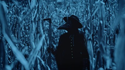 Plague doctor gothic woman with sharp scythe at night in thickets of corn field. Creepy raven mask, halloween, historical terrible protection costume, death concept