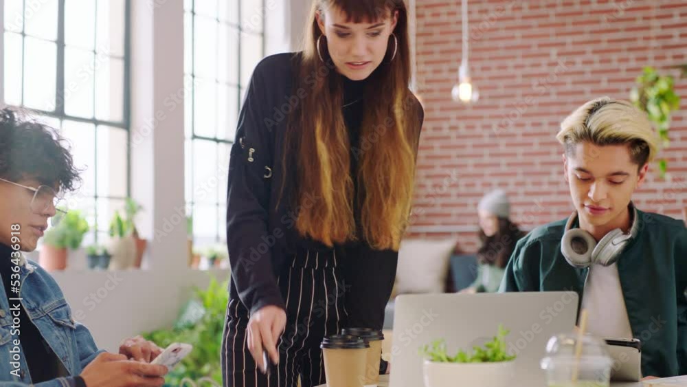 Aufkleber laptop, creative and collaboration with a business woman and designer team working in an office for 