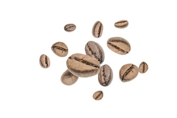 Coffee beans flying background. Black espresso grain falling on white. Rustic coffee bean fall isolated. Represent breakfast, energy, freshness or great aroma concept.