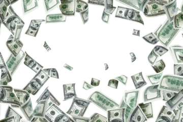 Hundred dollar bill. Falling money background. American cash.