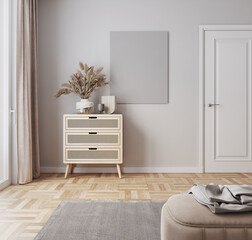 Minimalistic interior design. empty poster frame in modern interior background with boho style dresser and decorations
