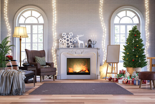 Classical style living room decorate with christmas tree 3d render,The room has white brick wall  wooden floors decorated with luxury fireplace,The arched windows look out to the snow scene.