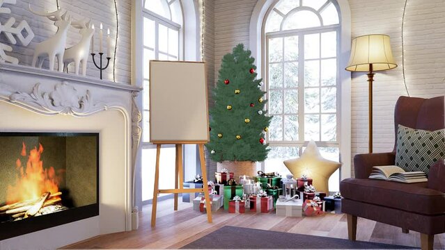 Animation of concept of christmas holiday vacation decoration style living room 3d render,The room has white brick wall decorated with luxury fireplace,The arched windows overlooking snow scene.