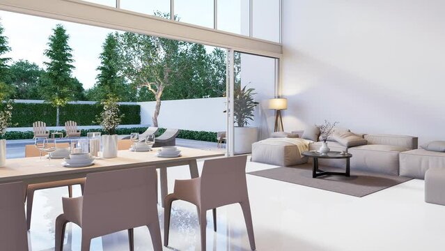 Animation of modern white house interior 3d render with open sliding door overlooking swimming pool terrace and nature view