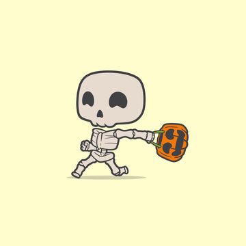graphic character skeleton brings a pumpkin bucket