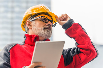 Experienced professional architect compering ongoing works with his project placed on portable tablet while holding his yellow helmet with one hand. Black-and-red fleece. Outdoor portrait. High - obrazy, fototapety, plakaty