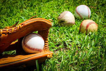 Close-up of Baseball Equipment including baseball glove and balls at park in Central Florida