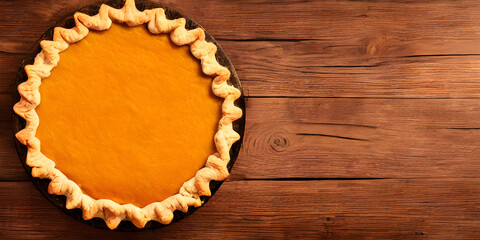 pumpkin pie on wooden table