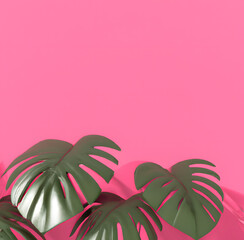Philodendron leaves on pink summer background, illustration with shadows