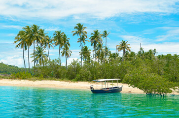 Small boat on the shore of an island paradise