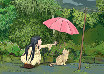 cat in the garden with girl in rainy day  