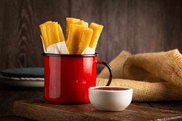 Homemade fried polenta on the table.