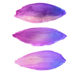 Beautiful set of watercolor brush strokes in purple and pink color. Abstract painting in violet tones. Fresh paint stain shape. Design hand drawn in color. Splash liquid decorative image.