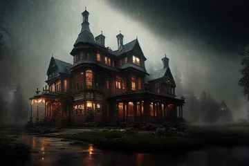 Fotobehang Dark house, dramatic weather with clouds, light in the window. Autumn landscape with a house and trees, fallen leaves, cold, rain. 3D illustration. © Terablete