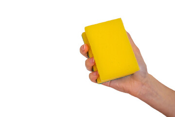 Hand holding a yellow sponge, png