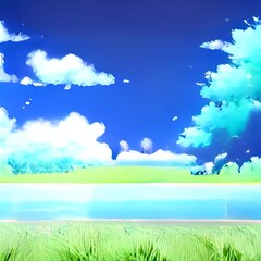 Fototapeta na wymiar landscape with grass and sky 2D anime Background 