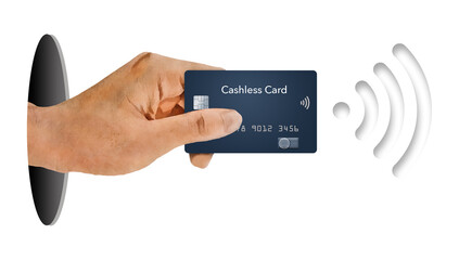 A hand holds a credit card capable of contactless payments via near field communications technology. It is a 3-d illustration.