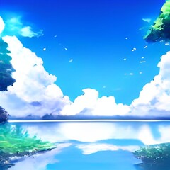 Fototapeta na wymiar tropical island in the sea 2D anime Background 