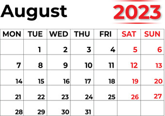 Monthly Calendar August 2023 with Very Clean LOOK