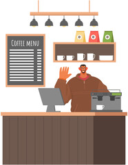 Coffeehouse, coffee shop or cafe, cake store and male seller in candy market, barista standing at counter. Coffee house interior with professional equipment, coffee machine and cakes on display