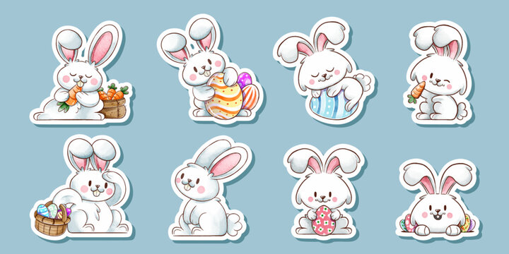 Vector set of easter bunny stickers, Happy easter stickers collection with rabbit and colorful painted eggs