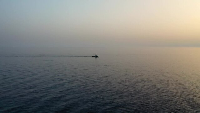 Ship Tug sails to port aerial videography Turkey Alanya
