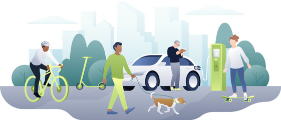 Isolated vector illustration of eco transport concept. Active and healthy lifestyle. People men and women different age using eco-friendly car, bicycle, skateboard © Anastasiia Neibauer